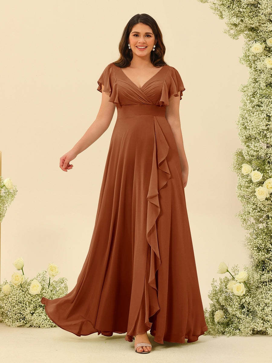 Plus Size V-Neck A-Line Bridesmaid Dresses with Ruffles and Princess Silhouette