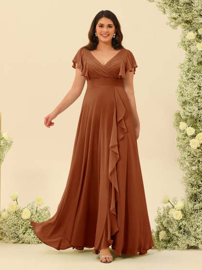 Plus Size V-Neck A-Line Bridesmaid Dresses with Ruffles and Princess Silhouette