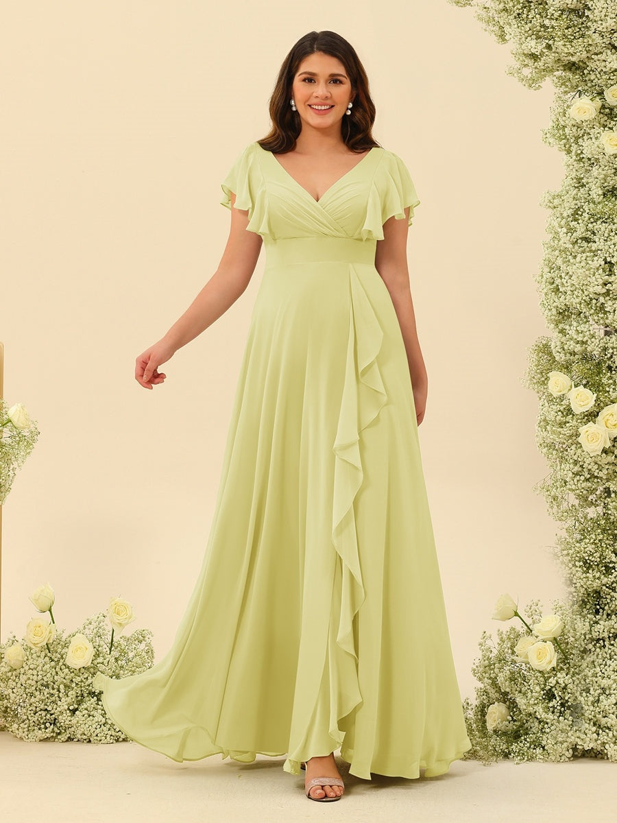 Plus Size V-Neck A-Line Bridesmaid Dresses with Ruffles and Princess Silhouette