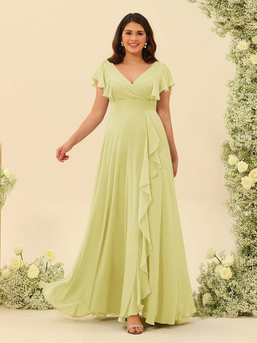 Plus Size V-Neck A-Line Bridesmaid Dresses with Ruffles and Princess Silhouette