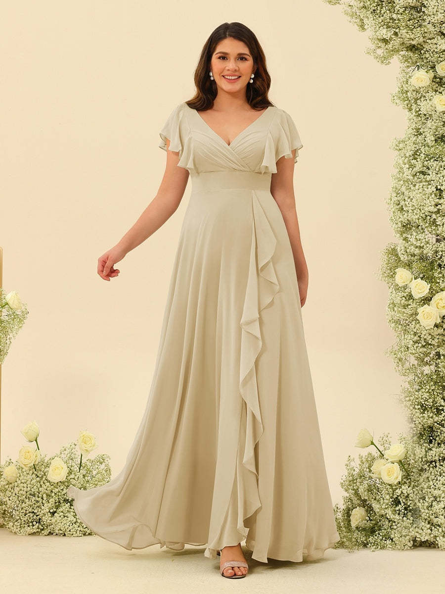 Plus Size V-Neck A-Line Bridesmaid Dresses with Ruffles and Princess Silhouette