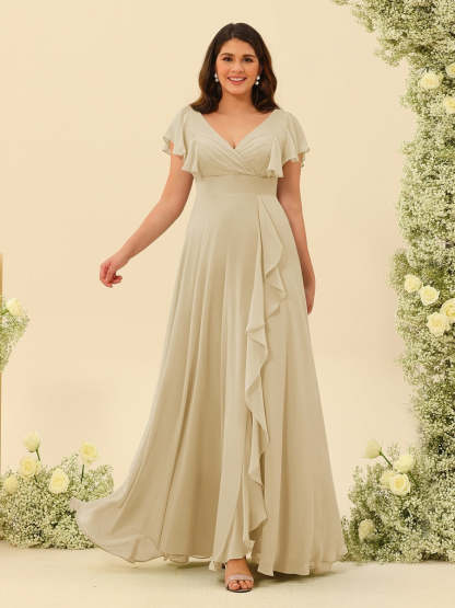 Plus Size V-Neck A-Line Bridesmaid Dresses with Ruffles and Princess Silhouette