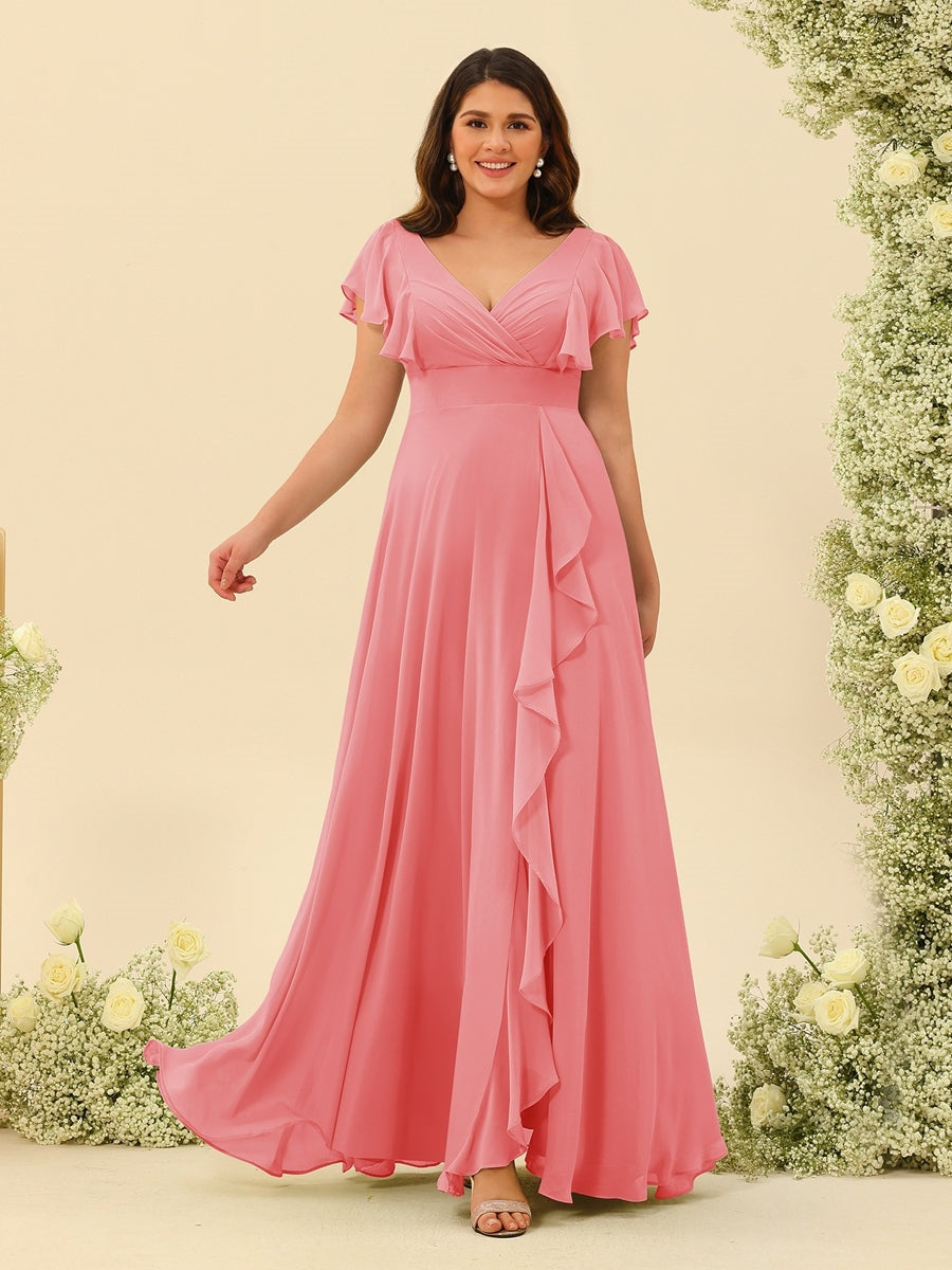 Plus Size V-Neck A-Line Bridesmaid Dresses with Ruffles and Princess Silhouette