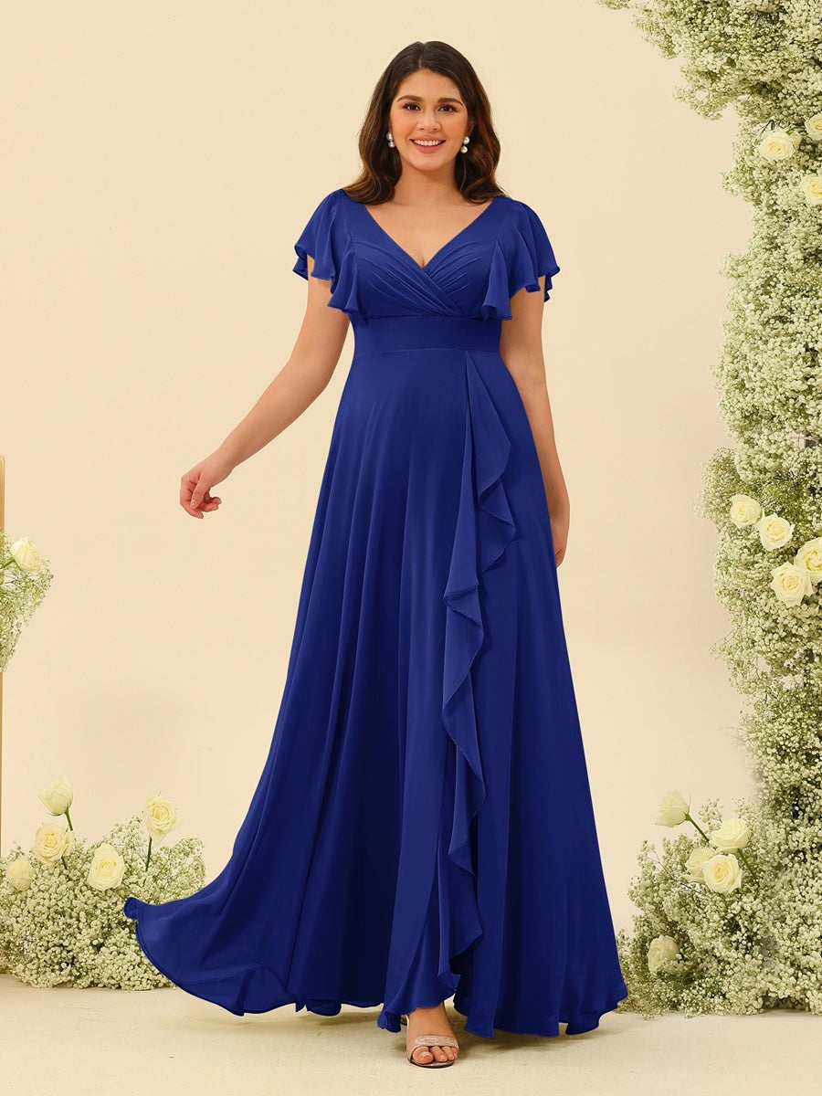 Plus Size V-Neck A-Line Bridesmaid Dresses with Ruffles and Princess Silhouette