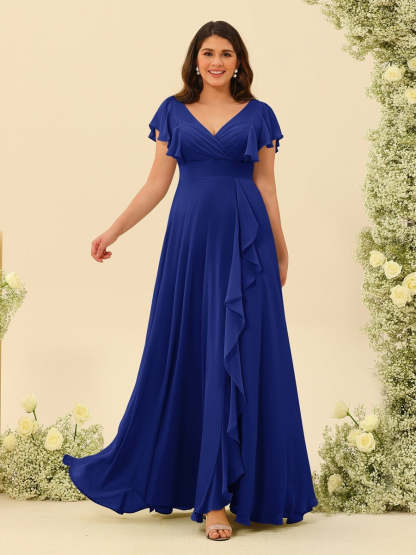 Plus Size V-Neck A-Line Bridesmaid Dresses with Ruffles and Princess Silhouette