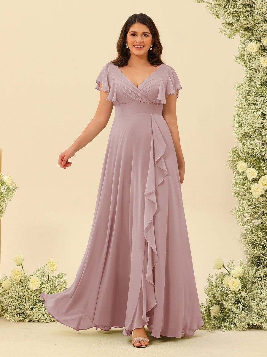 Plus Size V-Neck A-Line Bridesmaid Dresses with Ruffles and Princess Silhouette