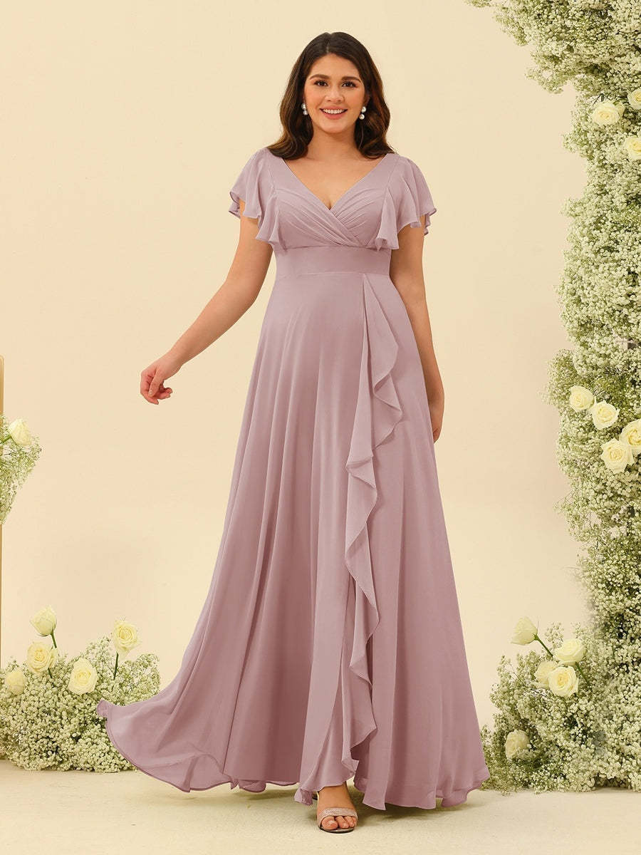 Plus Size V-Neck A-Line Bridesmaid Dresses with Ruffles and Princess Silhouette