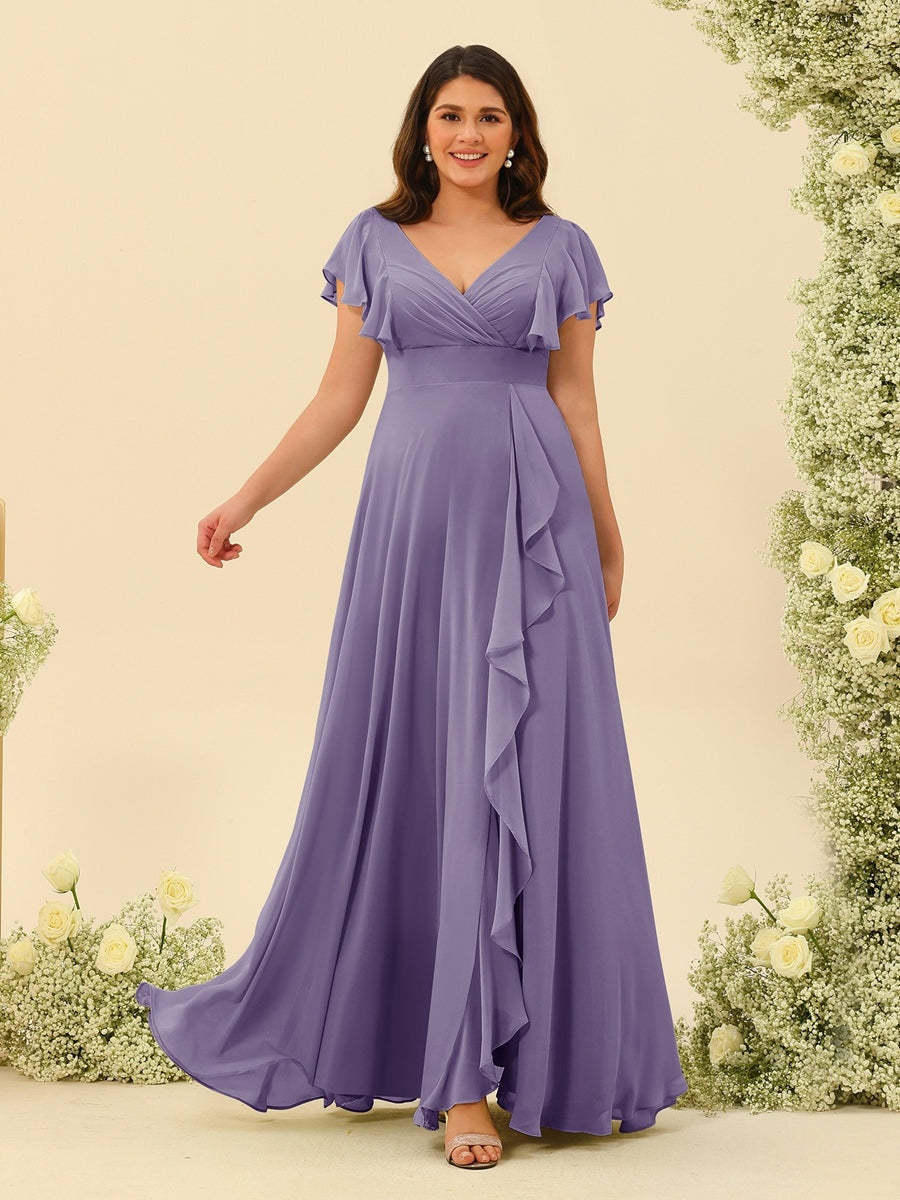 Plus Size V-Neck A-Line Bridesmaid Dresses with Ruffles and Princess Silhouette