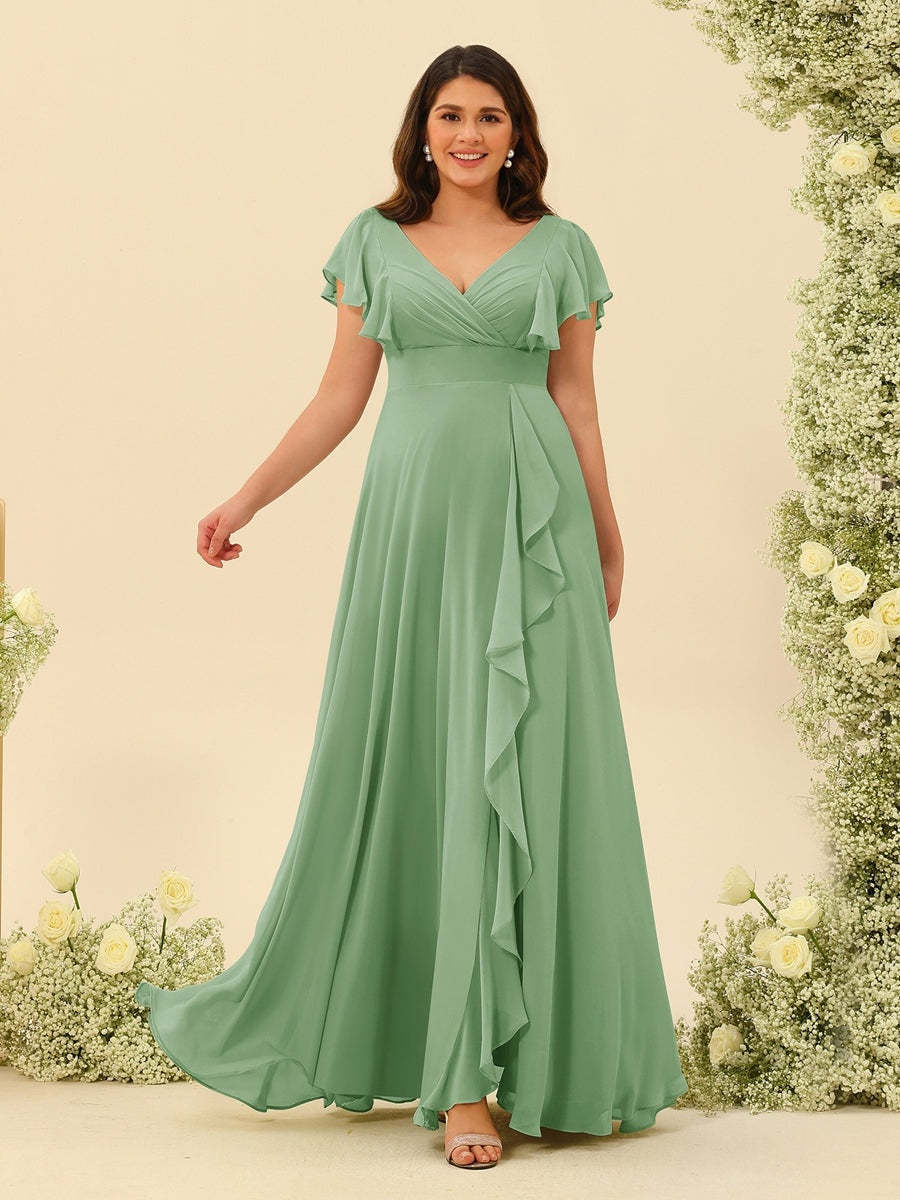 Plus Size V-Neck A-Line Bridesmaid Dresses with Ruffles and Princess Silhouette