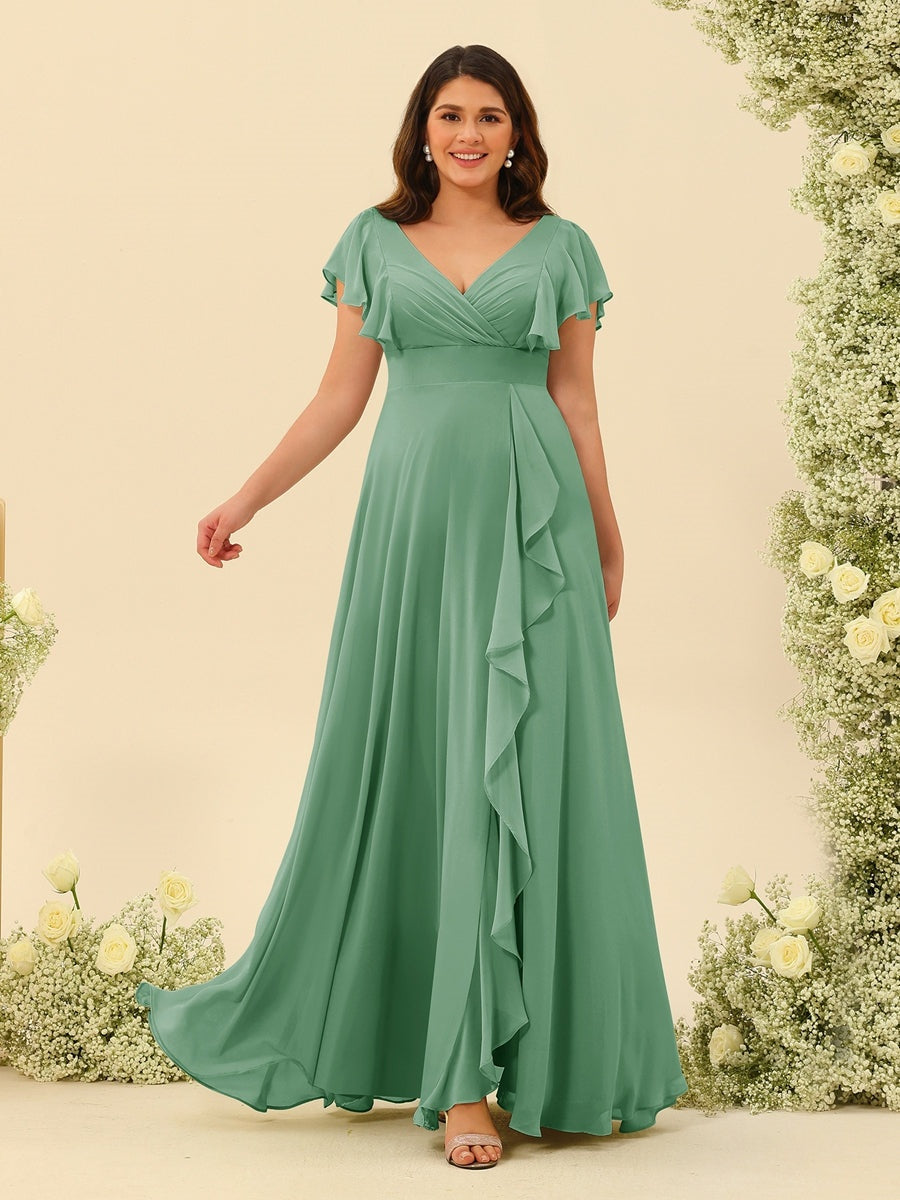 Plus Size V-Neck A-Line Bridesmaid Dresses with Ruffles and Princess Silhouette