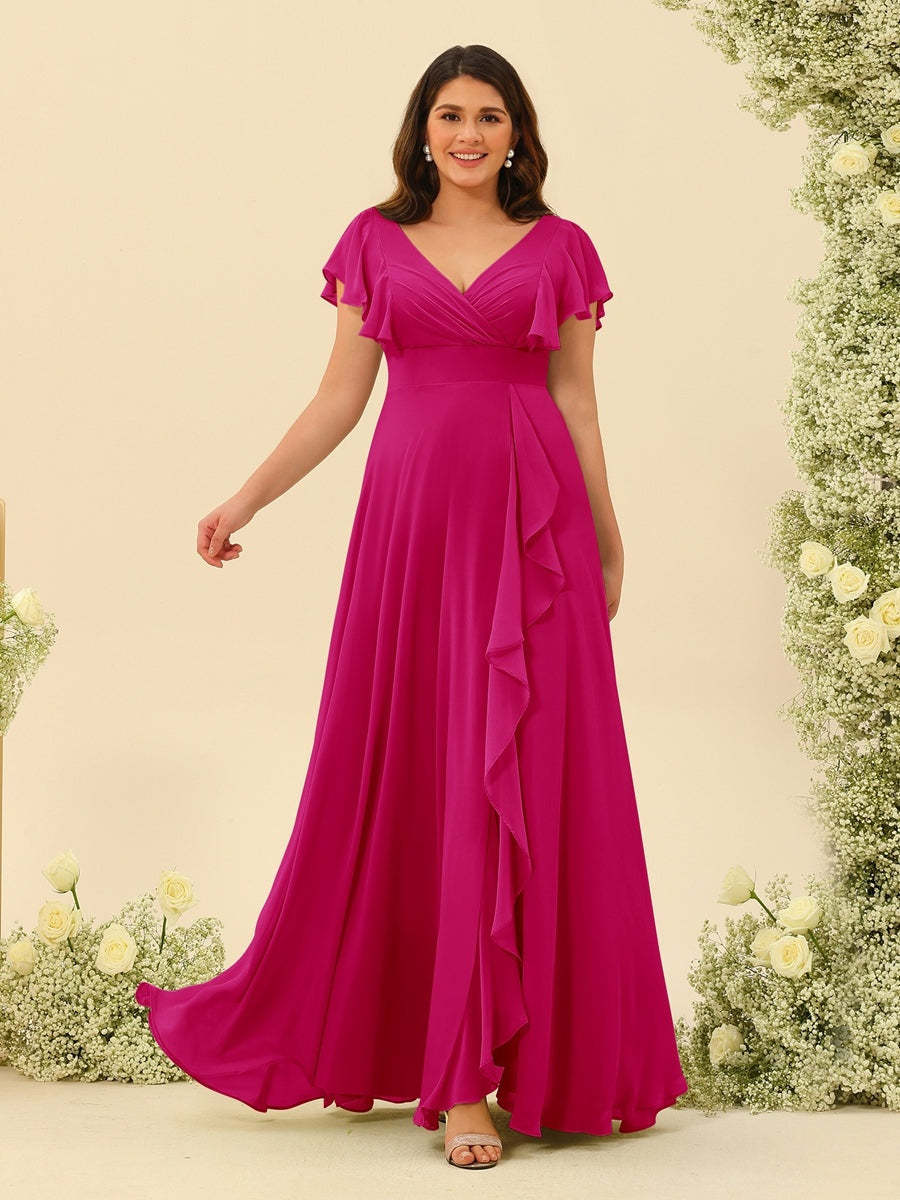 Plus Size V-Neck A-Line Bridesmaid Dresses with Ruffles and Princess Silhouette