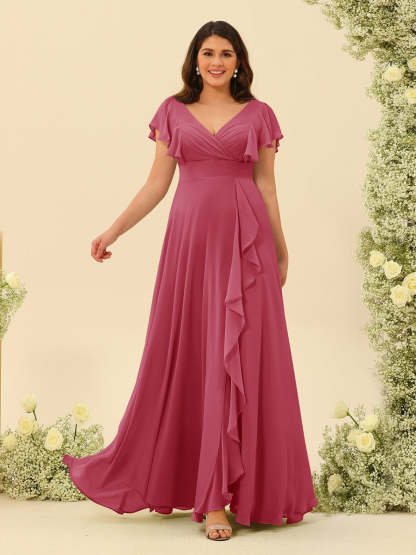 Plus Size V-Neck A-Line Bridesmaid Dresses with Ruffles and Princess Silhouette