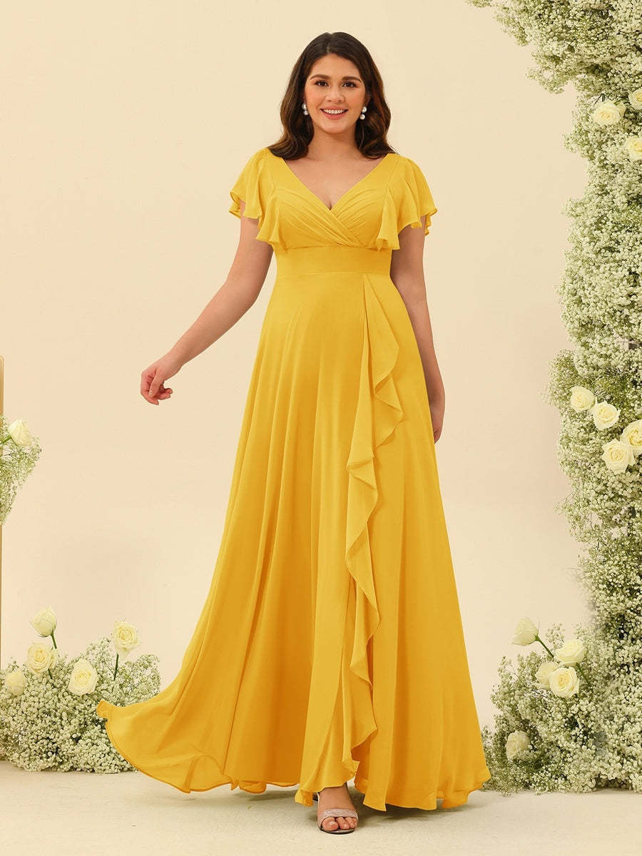 Plus Size V-Neck A-Line Bridesmaid Dresses with Ruffles and Princess Silhouette