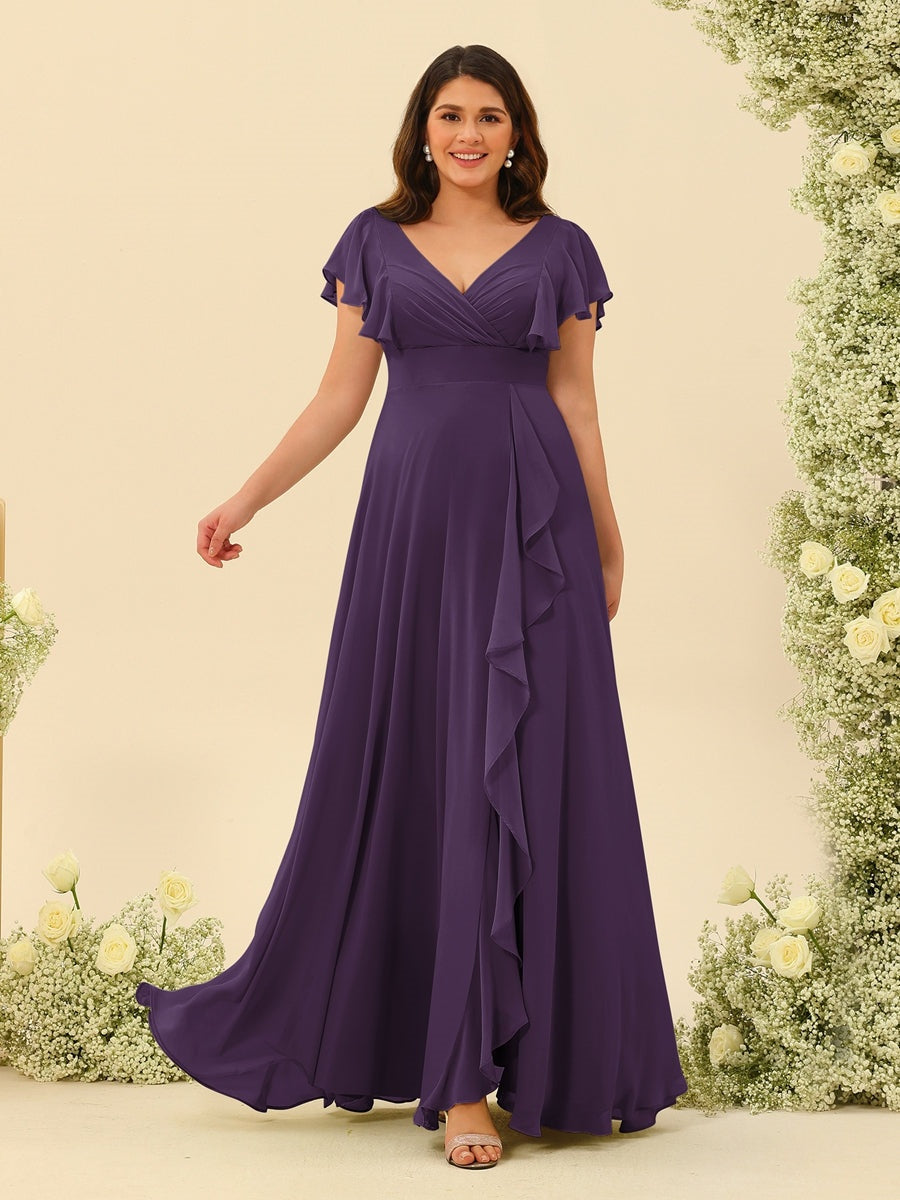 Plus Size V-Neck A-Line Bridesmaid Dresses with Ruffles and Princess Silhouette