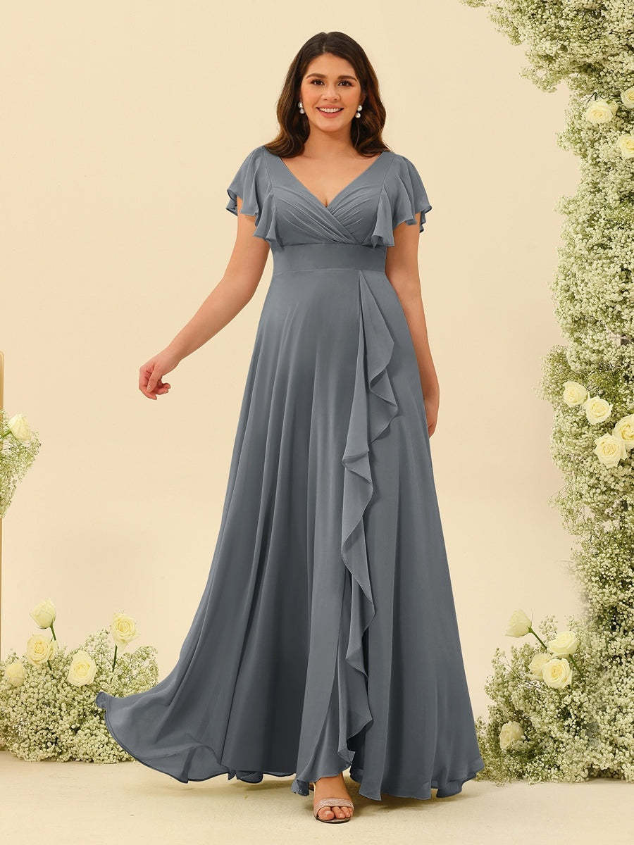 Plus Size V-Neck A-Line Bridesmaid Dresses with Ruffles and Princess Silhouette
