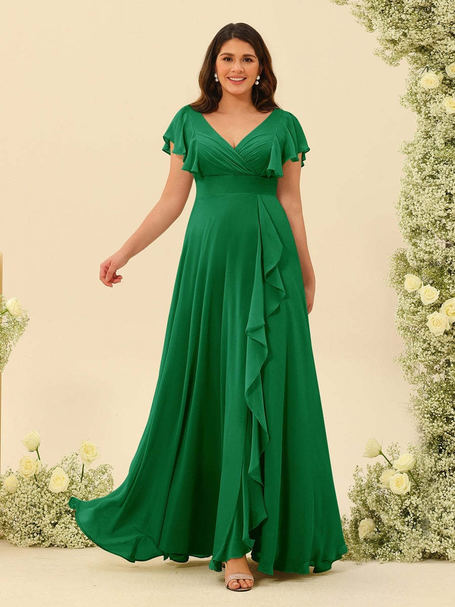 Plus Size V-Neck A-Line Bridesmaid Dresses with Ruffles and Princess Silhouette