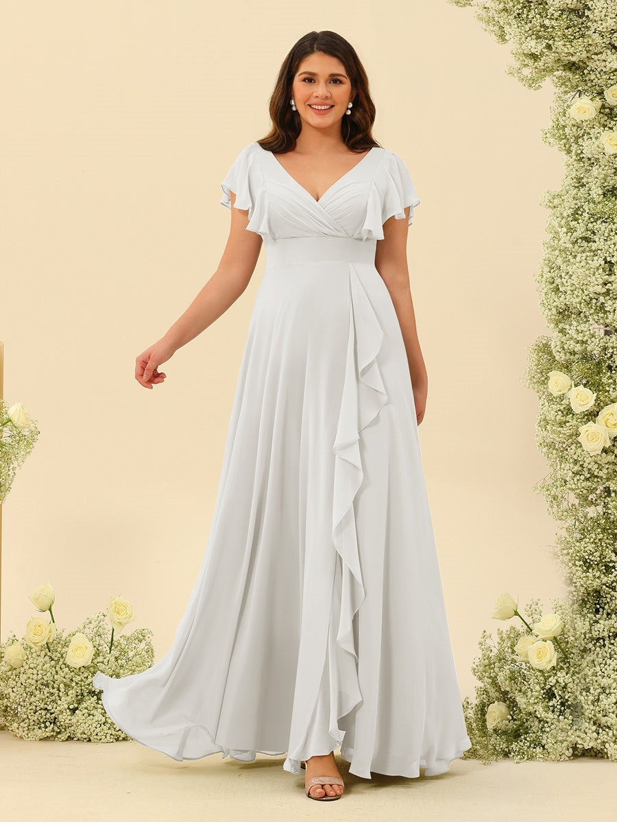Plus Size V-Neck A-Line Bridesmaid Dresses with Ruffles and Princess Silhouette