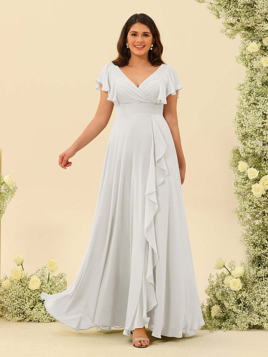 Plus Size V-Neck A-Line Bridesmaid Dresses with Ruffles and Princess Silhouette