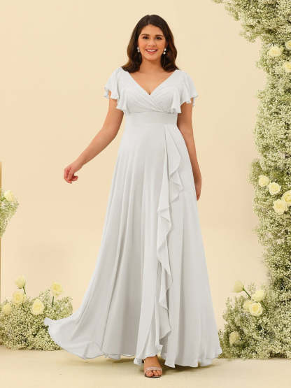Plus Size V-Neck A-Line Bridesmaid Dresses with Ruffles and Princess Silhouette
