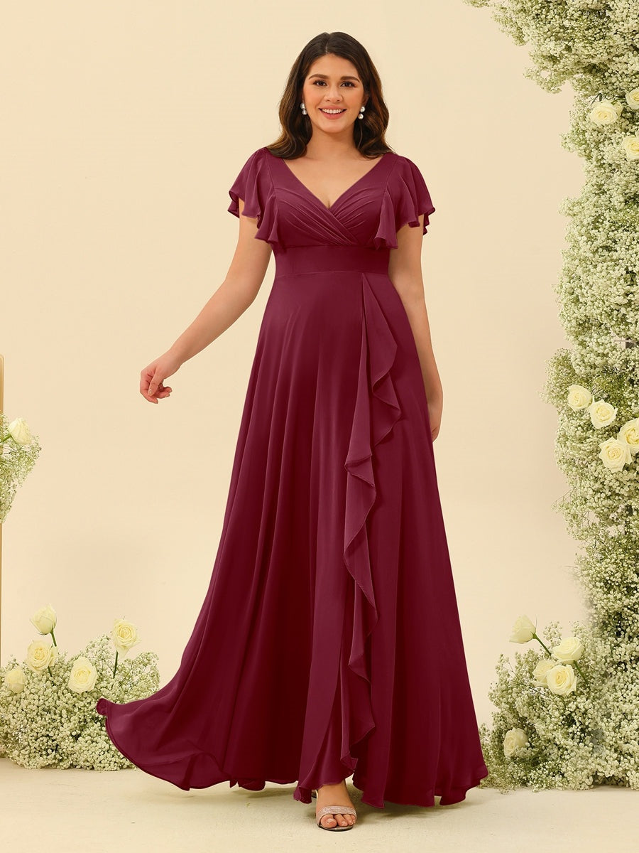 Plus Size V-Neck A-Line Bridesmaid Dresses with Ruffles and Princess Silhouette
