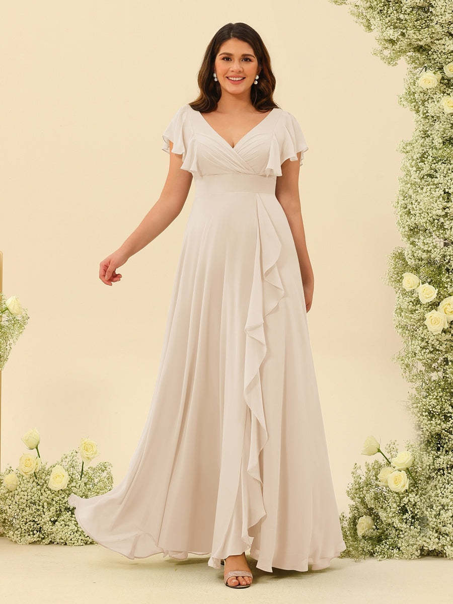 Plus Size V-Neck A-Line Bridesmaid Dresses with Ruffles and Princess Silhouette