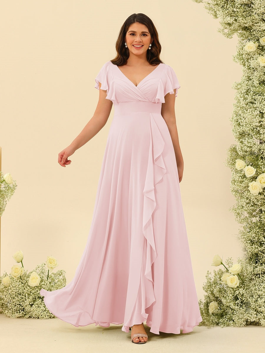 Plus Size V-Neck A-Line Bridesmaid Dresses with Ruffles and Princess Silhouette
