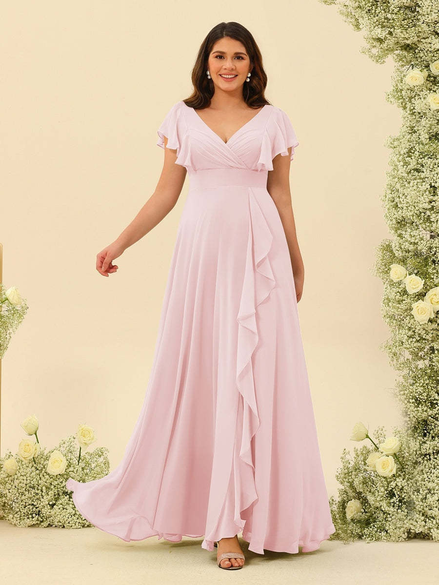 Plus Size V-Neck A-Line Bridesmaid Dresses with Ruffles and Princess Silhouette