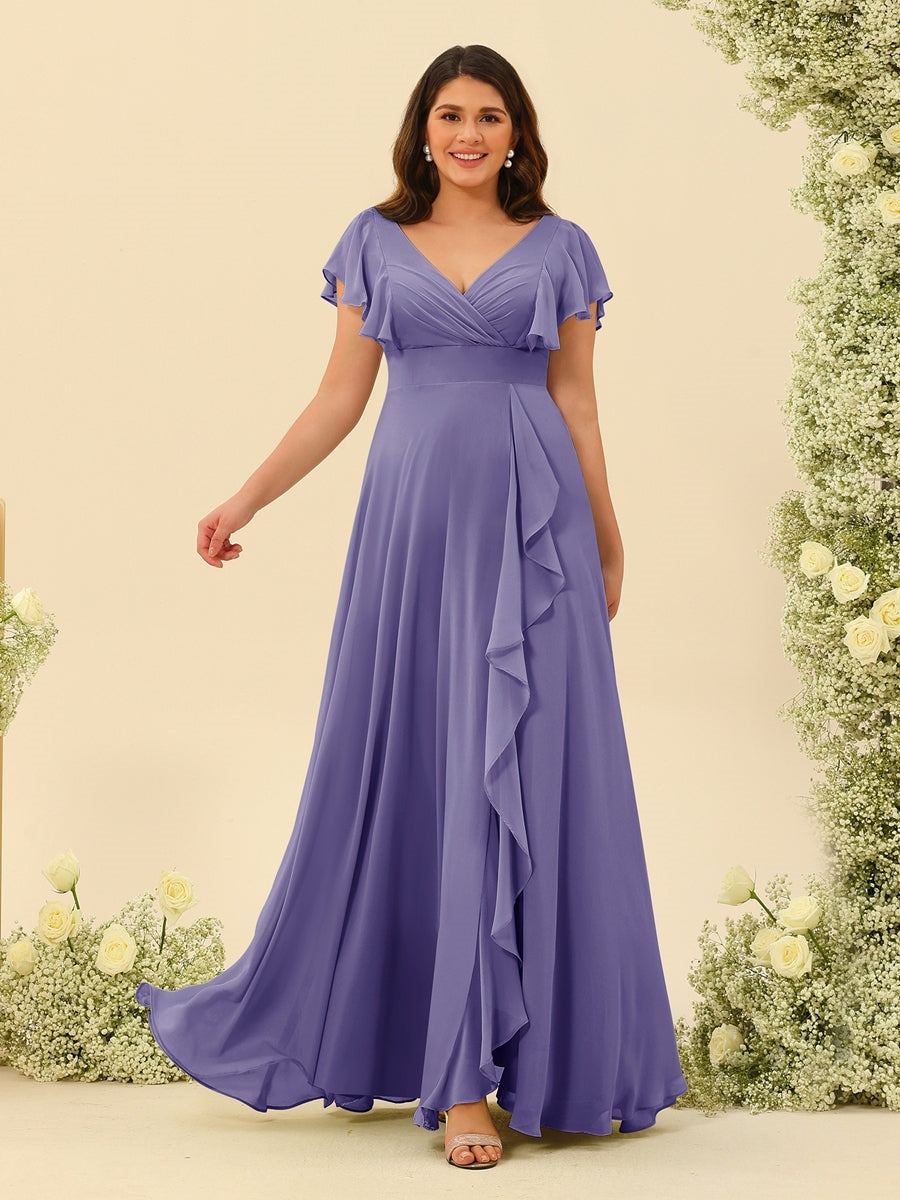 Plus Size V-Neck A-Line Bridesmaid Dresses with Ruffles and Princess Silhouette
