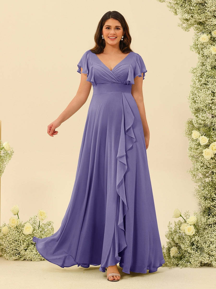 Plus Size V-Neck A-Line Bridesmaid Dresses with Ruffles and Princess Silhouette