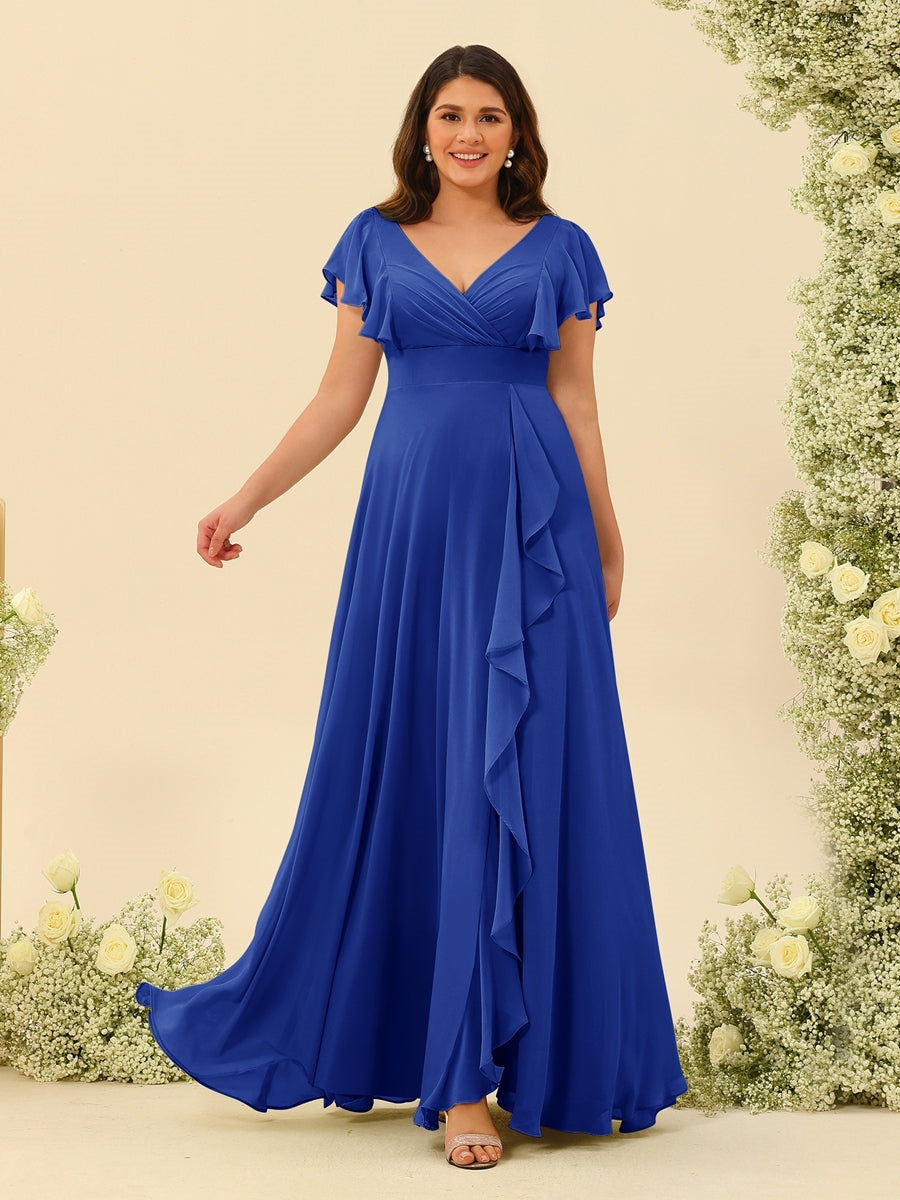 Plus Size V-Neck A-Line Bridesmaid Dresses with Ruffles and Princess Silhouette