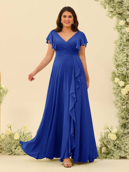 Plus Size V-Neck A-Line Bridesmaid Dresses with Ruffles and Princess Silhouette