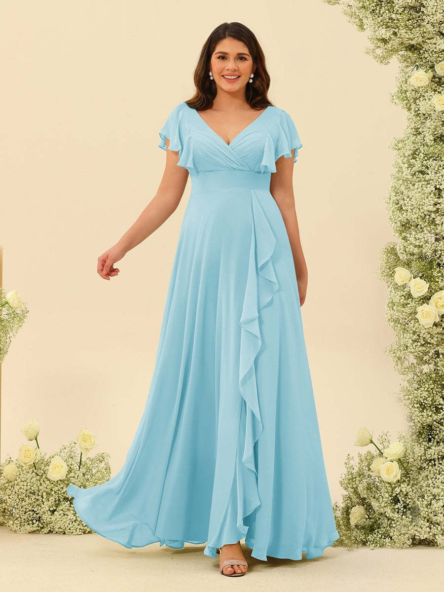 Plus Size V-Neck A-Line Bridesmaid Dresses with Ruffles and Princess Silhouette