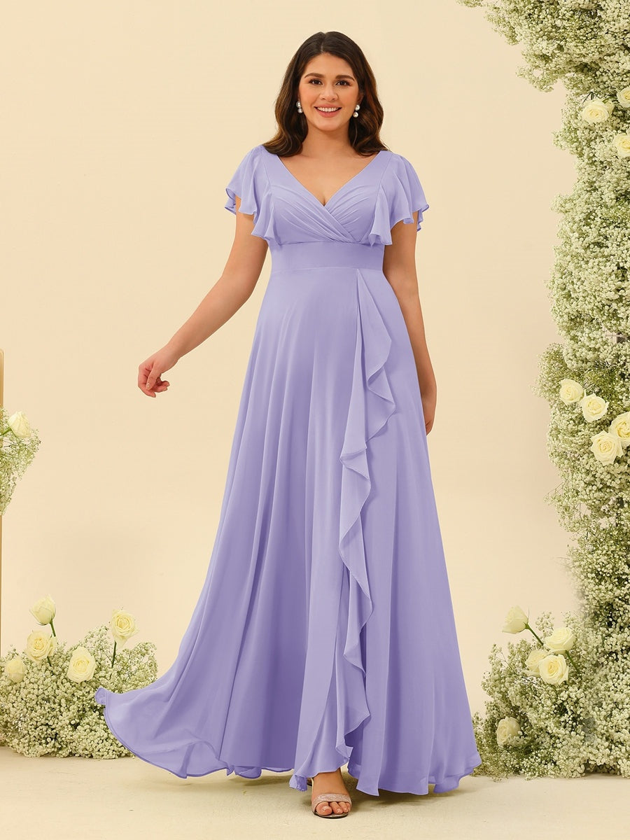 Plus Size V-Neck A-Line Bridesmaid Dresses with Ruffles and Princess Silhouette