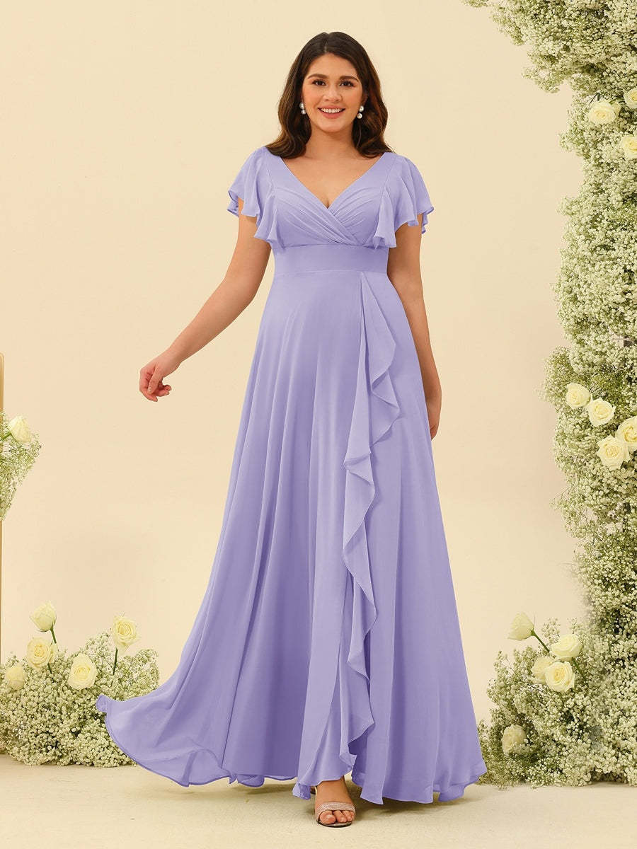 Plus Size V-Neck A-Line Bridesmaid Dresses with Ruffles and Princess Silhouette