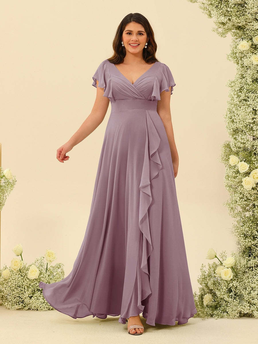 Plus Size V-Neck A-Line Bridesmaid Dresses with Ruffles and Princess Silhouette