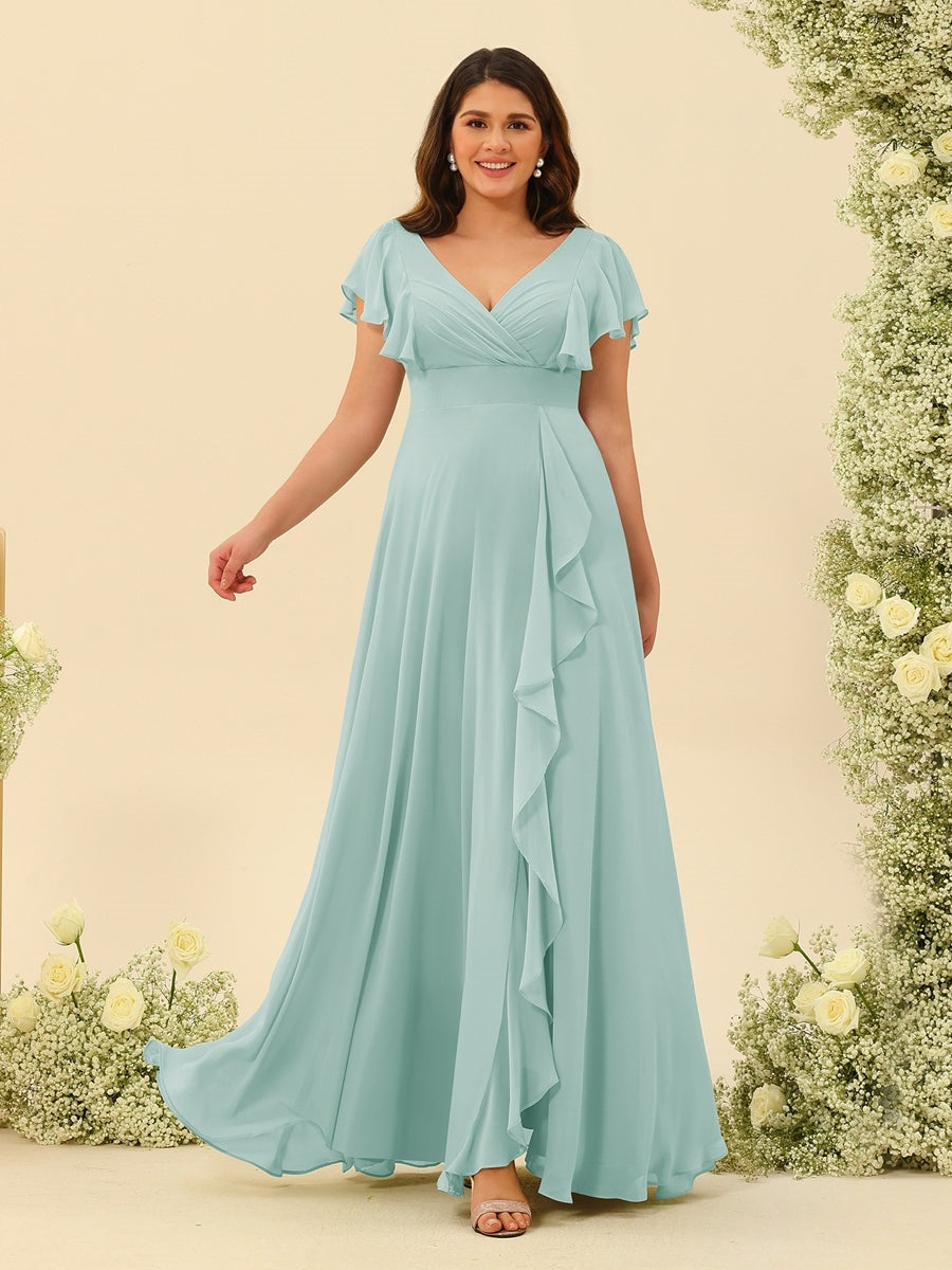 Plus Size V-Neck A-Line Bridesmaid Dresses with Ruffles and Princess Silhouette