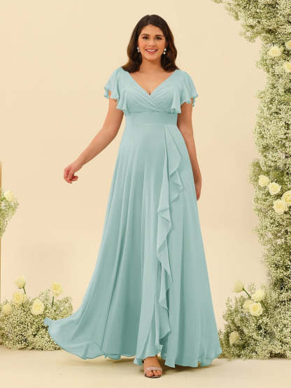Plus Size V-Neck A-Line Bridesmaid Dresses with Ruffles and Princess Silhouette