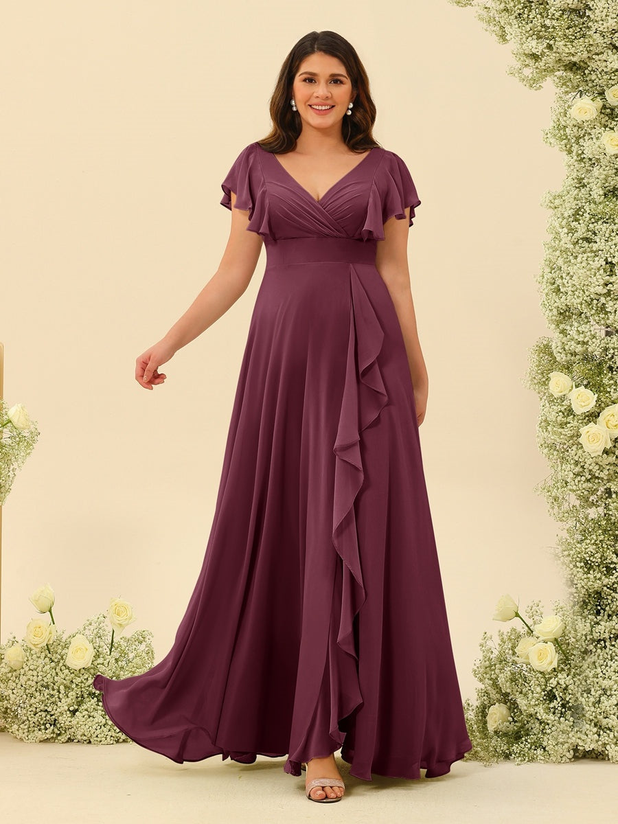 Plus Size V-Neck A-Line Bridesmaid Dresses with Ruffles and Princess Silhouette