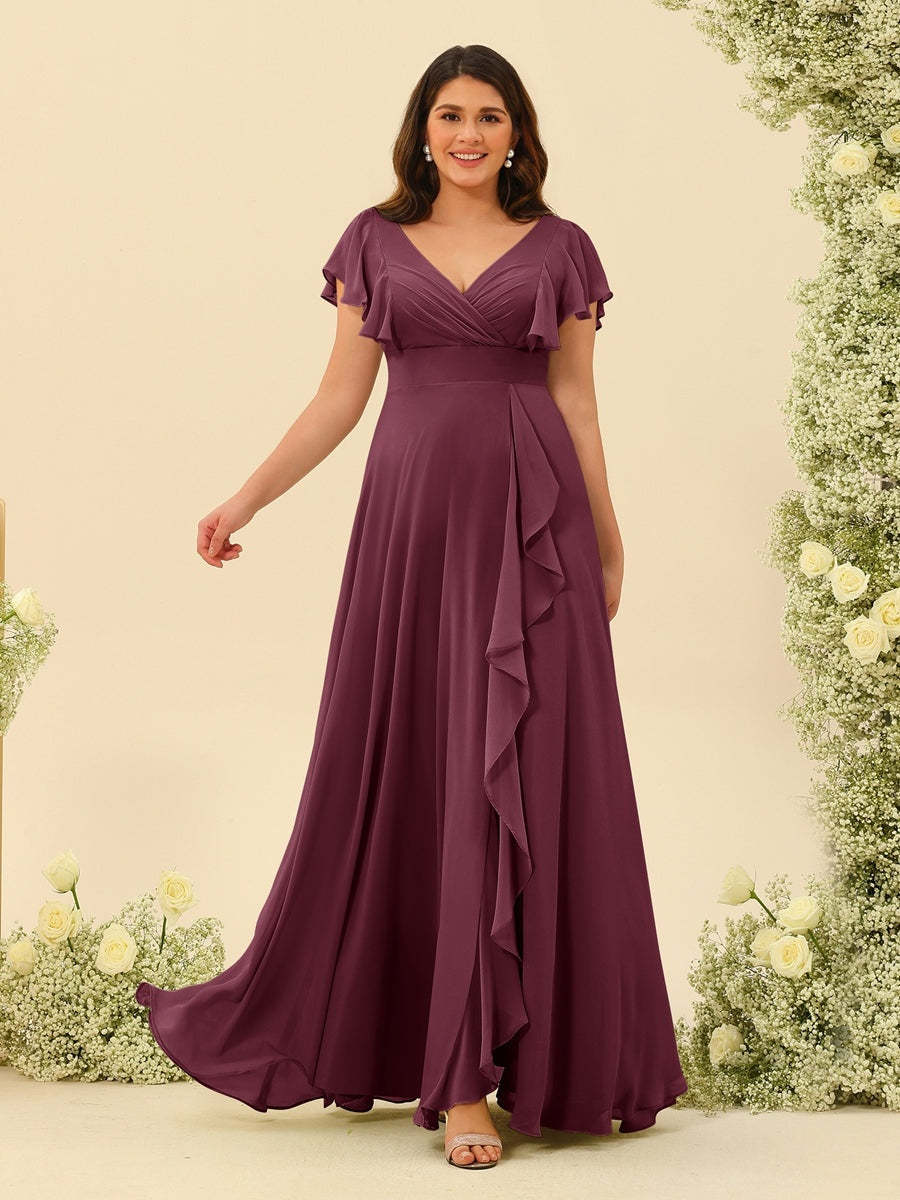 Plus Size V-Neck A-Line Bridesmaid Dresses with Ruffles and Princess Silhouette