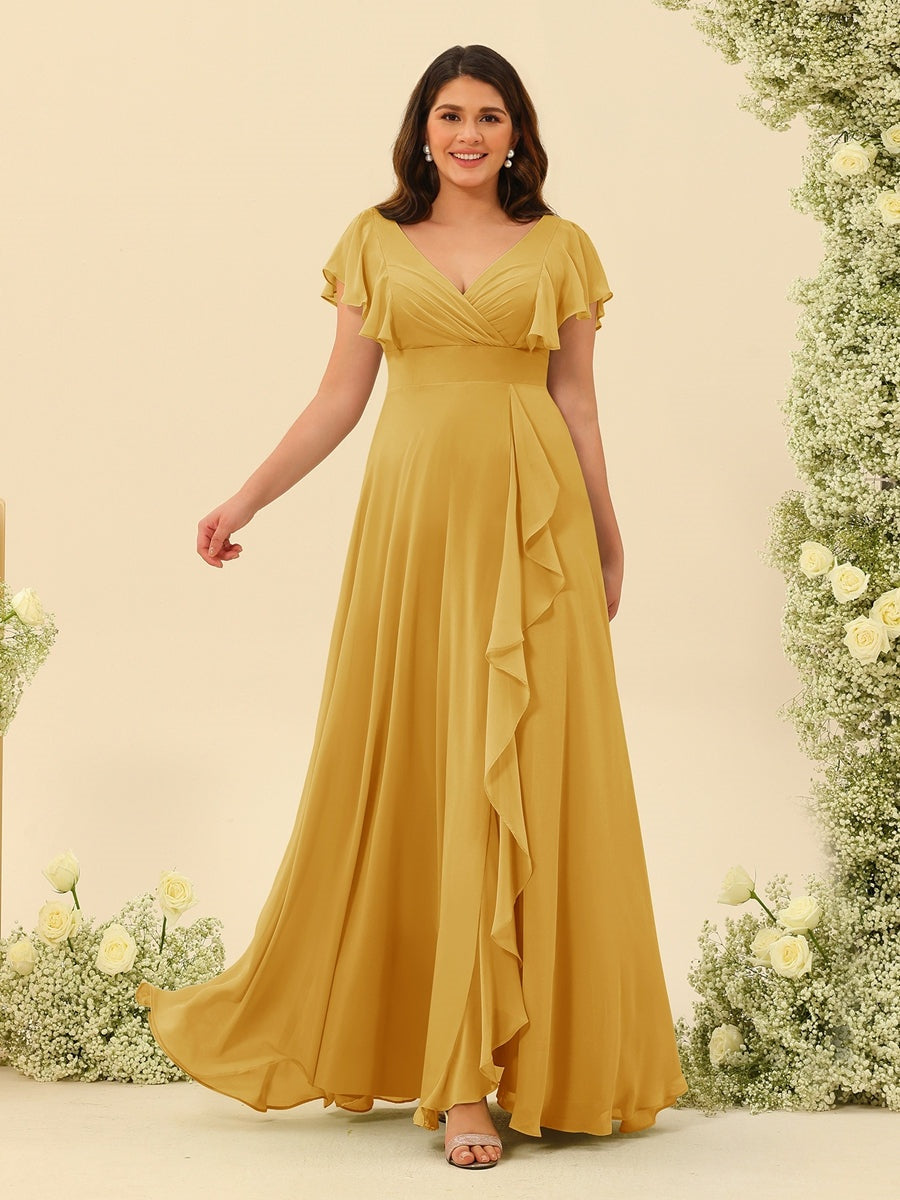 Plus Size V-Neck A-Line Bridesmaid Dresses with Ruffles and Princess Silhouette