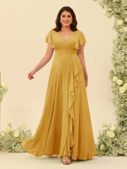Plus Size V-Neck A-Line Bridesmaid Dresses with Ruffles and Princess Silhouette