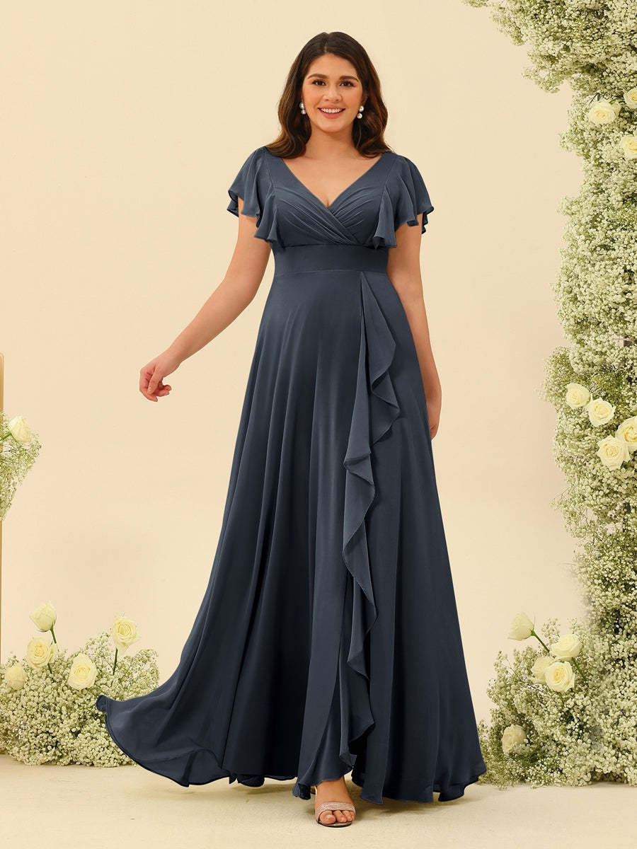 Plus Size V-Neck A-Line Bridesmaid Dresses with Ruffles and Princess Silhouette