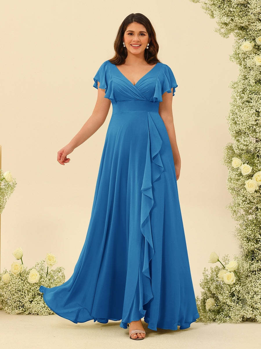 Plus Size V-Neck A-Line Bridesmaid Dresses with Ruffles and Princess Silhouette