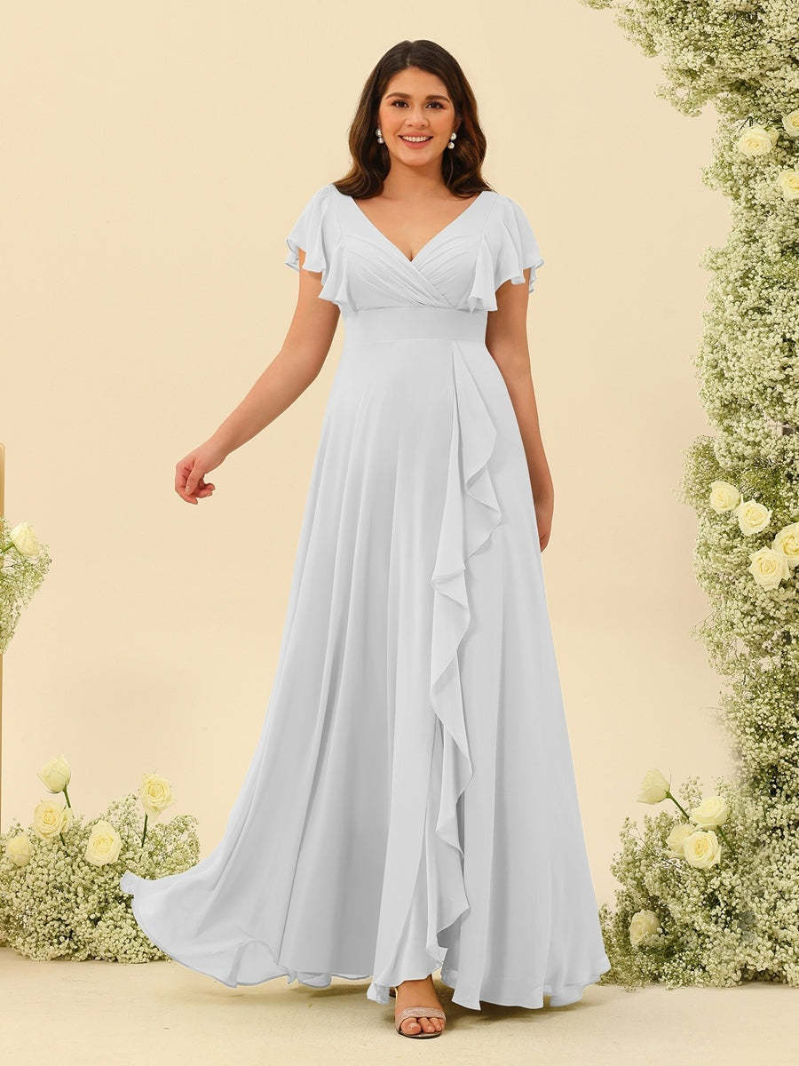 Plus Size V-Neck A-Line Bridesmaid Dresses with Ruffles and Princess Silhouette