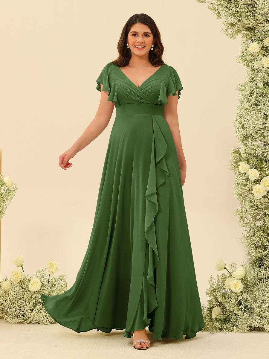Plus Size V-Neck A-Line Bridesmaid Dresses with Ruffles and Princess Silhouette
