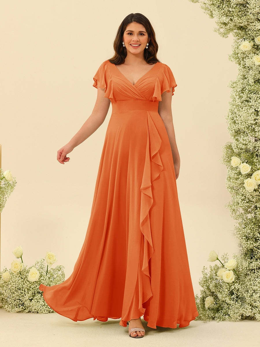 Plus Size V-Neck A-Line Bridesmaid Dresses with Ruffles and Princess Silhouette