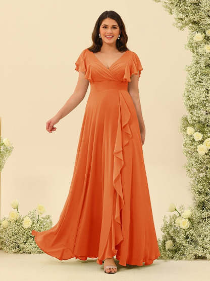 Plus Size V-Neck A-Line Bridesmaid Dresses with Ruffles and Princess Silhouette
