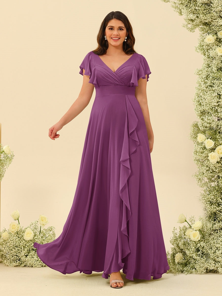 Plus Size V-Neck A-Line Bridesmaid Dresses with Ruffles and Princess Silhouette