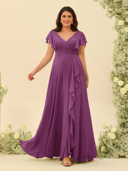 Plus Size V-Neck A-Line Bridesmaid Dresses with Ruffles and Princess Silhouette