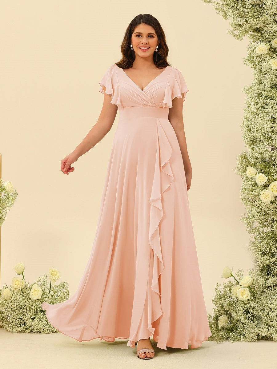 Plus Size V-Neck A-Line Bridesmaid Dresses with Ruffles and Princess Silhouette